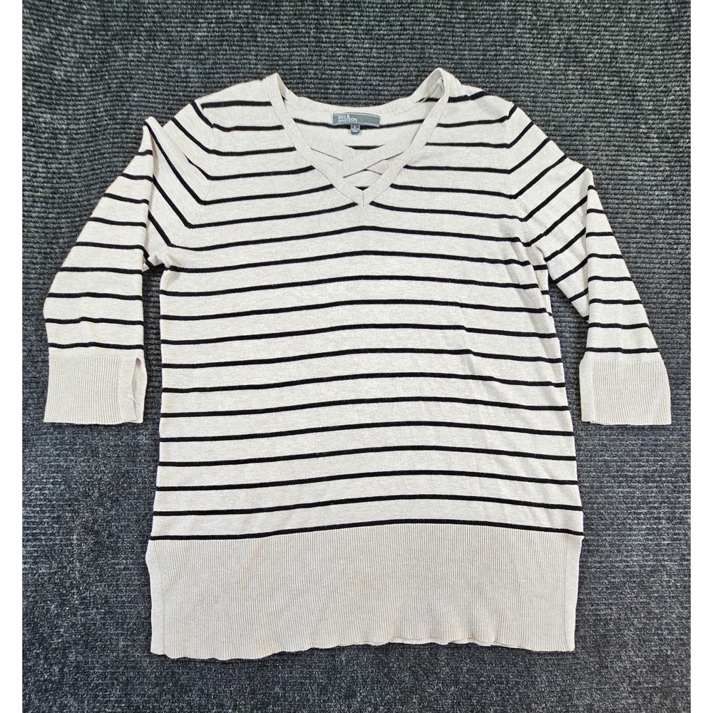 89th & Madison Tunic Sweater Womens Large Black Beige Striped 3/4 Sleeve V Neck